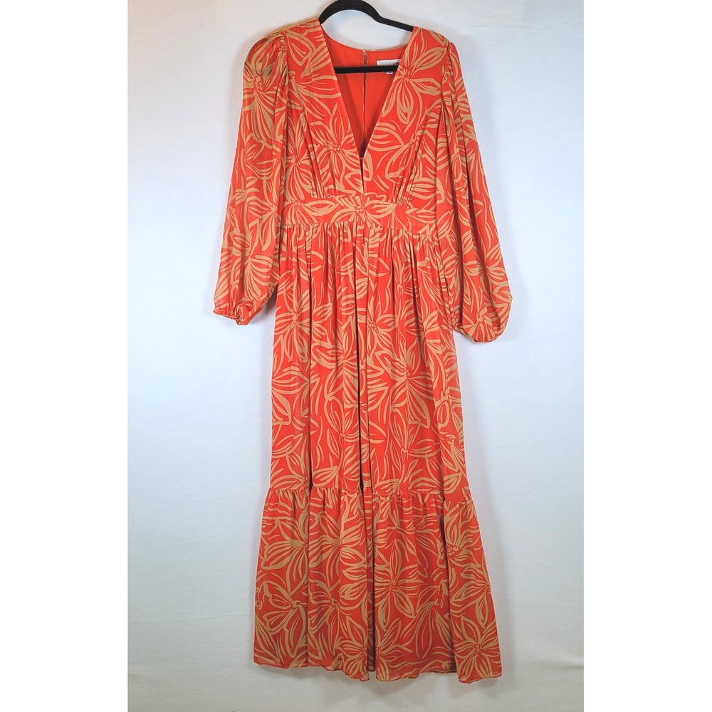 Toccin Womens Maxi Dress Tropical Floral Tiered Balloon Sleeve Size 6 Orange